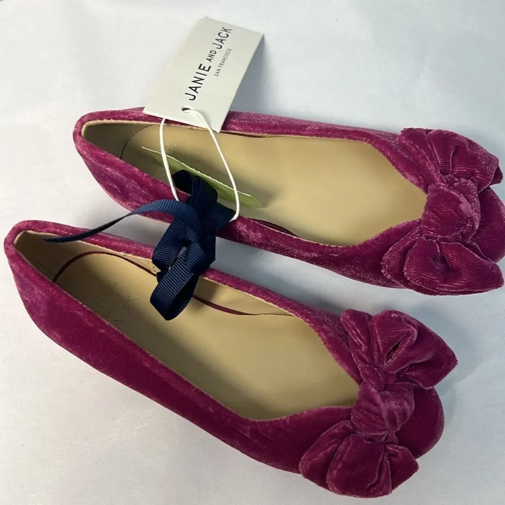 Janie and Jack 100048212 Velvet Bow Ballet Flat Burgundy Raspberry NWT